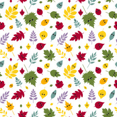 Seamless vector pattern of autumn leaves from different trees with cute cartoon eyes and funny faces. Includes oak, maple, birch, chestnut and ash leaves. Flat kawaii style, bright colors, isolated on