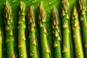 Fresh asparagus spears with water drops on green surface