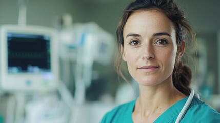 Fototapeta premium Portrait of a young European female nurse in a medical setting, showcasing her dedication and professionalism. Captured in a hospital environment with advanced equipment.