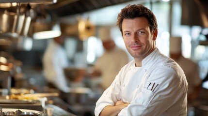 Fototapeta premium A confident European male chef leans against the kitchen counter, smiling amidst a busy culinary environment, showcasing professionalism and expertise.