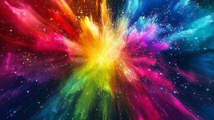 Vibrant explosion of colorful powder paint in rainbow spectrum creating dynamic energy burst effect for abstract digital background