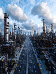 A vast industrial landscape emerges under a dramatic sky, showcasing towering structures and expansive roads, reflecting the immense scale of modern engineering and industry.