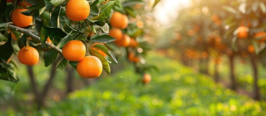 A panoramic view of an orange orchard at sunrise, with rows upon rows of trees bearing ripe oranges hanging from the branches, with the sunlight casting long shadows