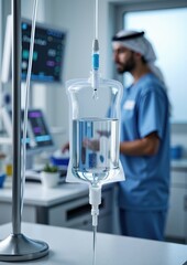 Iv drip in modern hospital with male adult healthcare worker in background