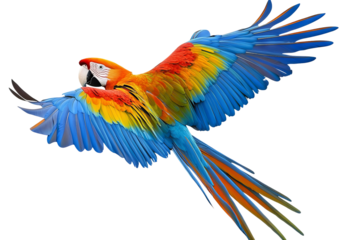 Vibrant tropical parrot with rainbow plumage soaring in mid-flight on transparent background in ultra high-resolution PNG perfect for seamless cutout designs.