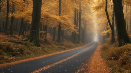 A serene autumn forest road flanked by tall, golden trees, their branches forming a natural archway, with a thick layer of vibrant leaves scattered on the road and forest floor.