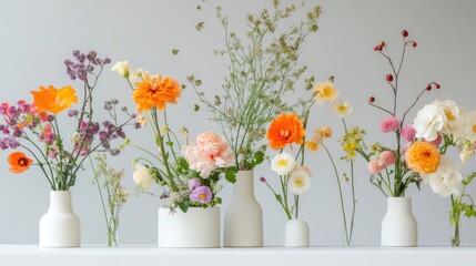 a composition of spring and summer flowers on a table, in various plaster vases, and as a home decoration