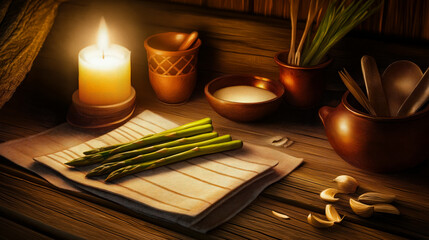 Sketched rustic kitchen scene with candle and asparagus