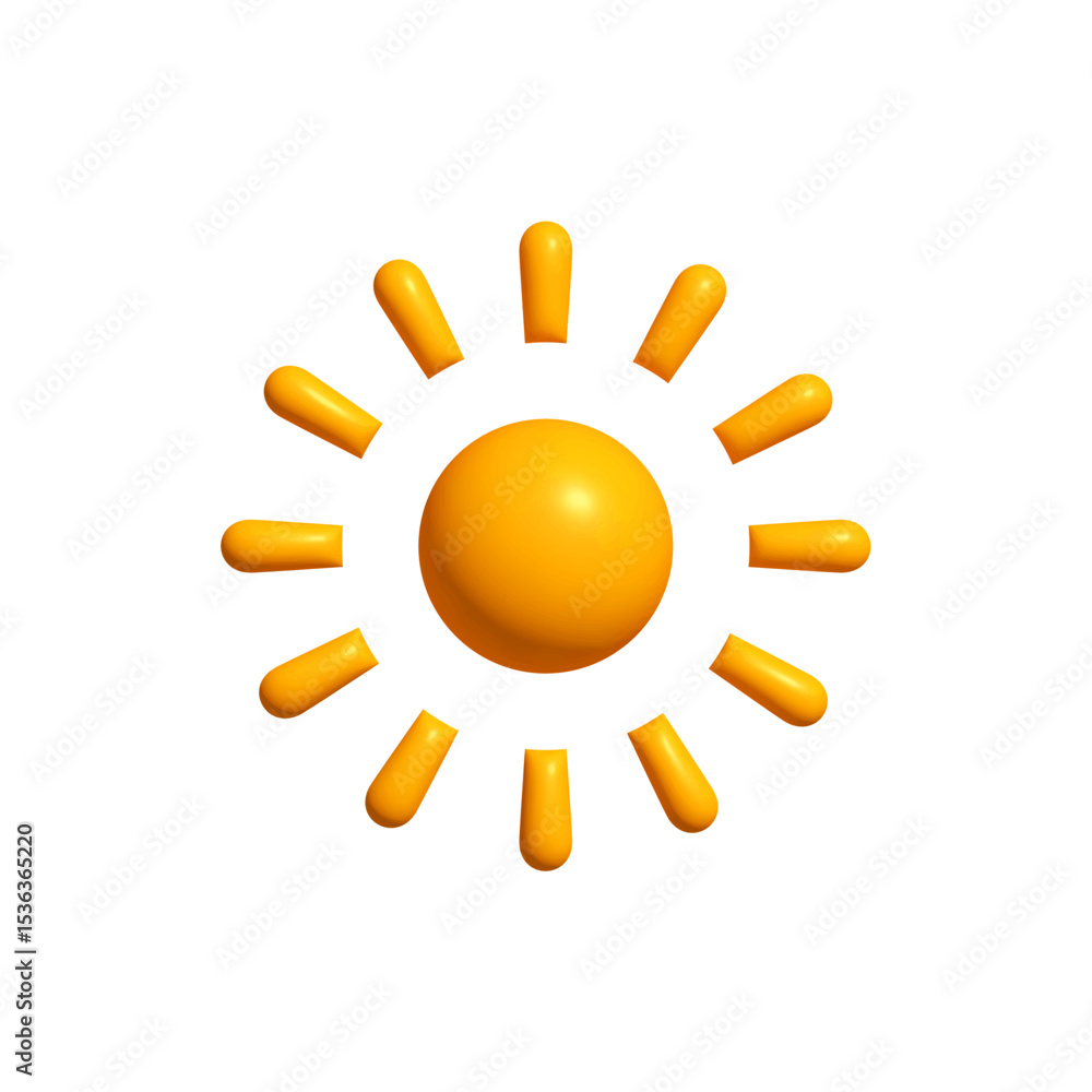 Poster glossy sun icon with rounded rays in 3d style. bright weather symbol for app interface, summer desig