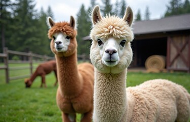 Two curious alpacas grazing peacefully in a lush green pasture near a rustic barn
