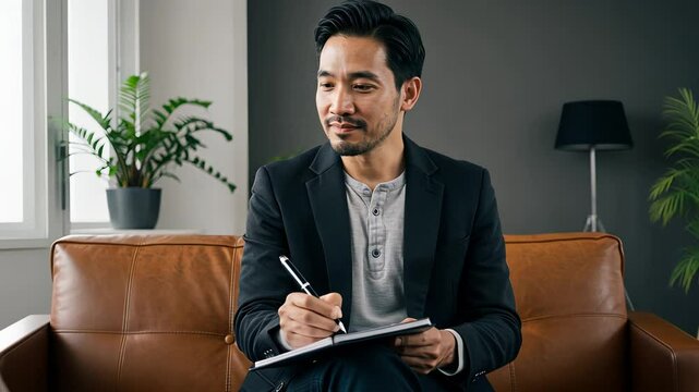Asian man therapist sitting on a couch and writing in notebook during a counseling session with a woman. Footage.