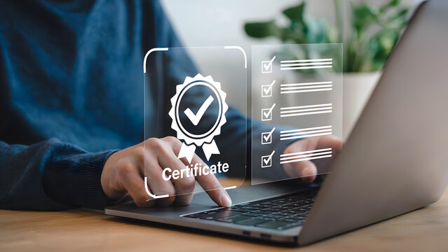 Achieving Online Certification Success A person uses a laptop to complete a checklist for online certification demonstrating digital learning progress and achievement of goals.