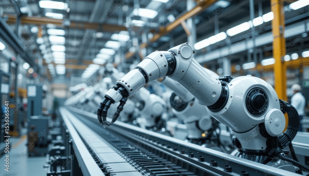 Poster automated factory: robotic arms on assembly line