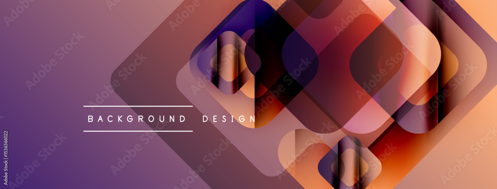 Poster abstract geometric shapes overlap, creating vibrant gradient effect. purple, orange hues dominate de