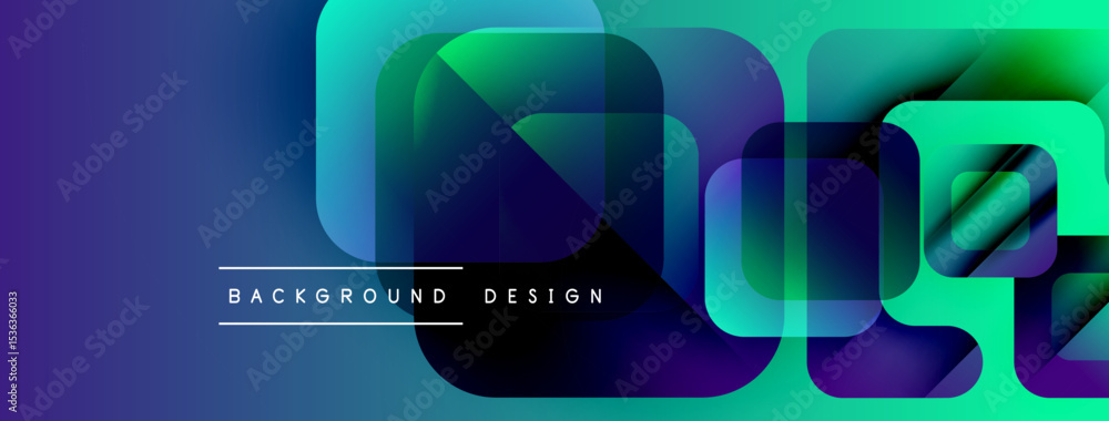 Poster abstract geometric shapes overlap, creating vibrant blue, purple gradients. modern design element fo