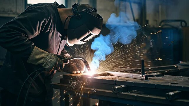 Man welder working hard with welding machine on metal structure. Steel fabrication worker industrial concept production footage.