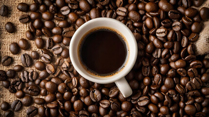 Fototapeta premium A cozy and aesthetic coffee-themed background, featuring scattered roasted coffee beans, subtle steam patterns, coffee stains, and textures like burlap or wood, in warm brown tones. 