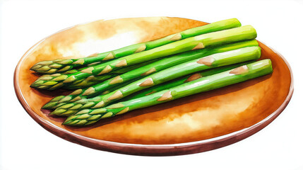 Watercolor painting of asparagus salad on a rustic plate