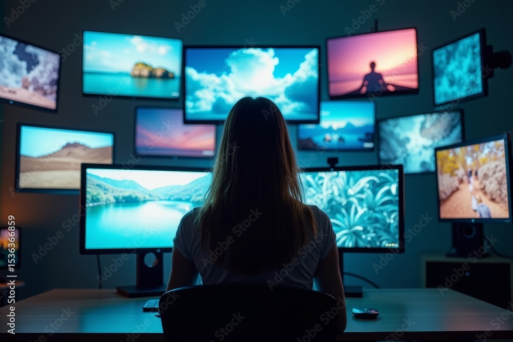 Poster a photo of a person surrounded by floating computer screens, symbolizing the video montage editing p