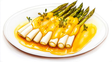 Watercolor painting of white asparagus with sauce and herbs