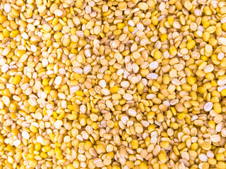 Red lentils in glass bowl. Dry orange lentil grains, heap of dal, raw daal, dhal, masoor, Lens culinaris or Lens esculenta on dark background