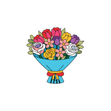 Flowers minimalist vector of flower's bouquet and tob with yellow, green, pink, blue and red flowers