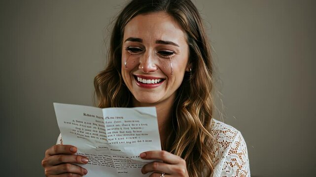 A young woman crying happily while reading a letter, tears rolling down her face. Emotional gratitude and joy concept footage.