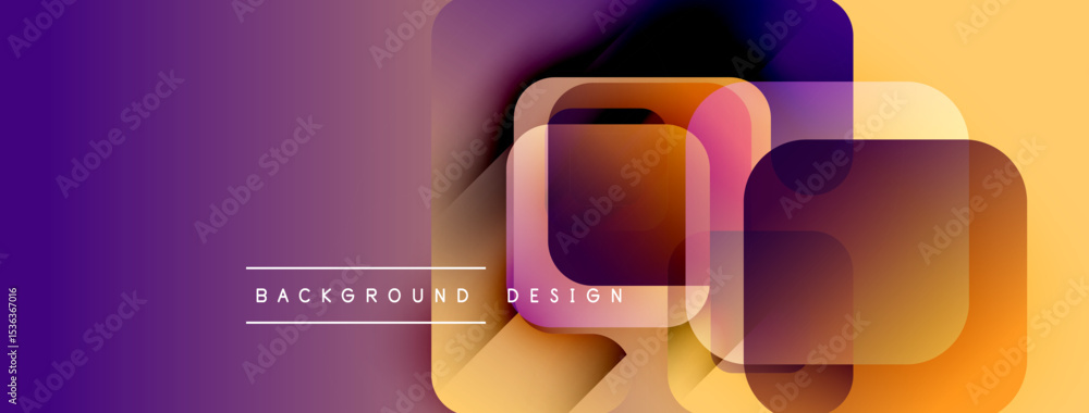 Poster Abstract gradient background features overlapping squares. Purple, orange hues create modern visual effect. Text reads background design.