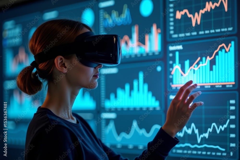 Poster data analyst engaging with holographic kpi dashboard in virtual reality goggles.