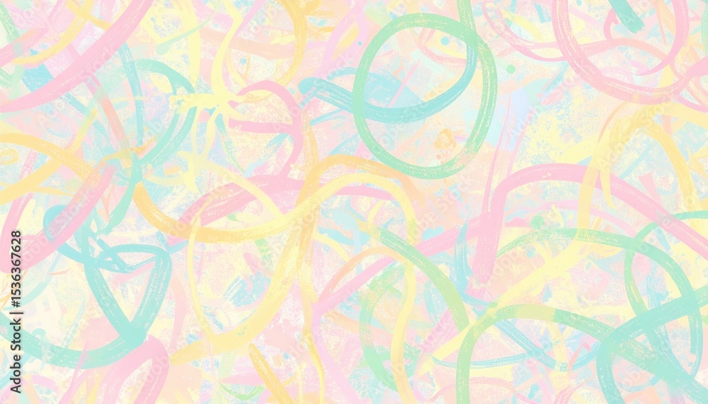 Poster an artistic display of abstract squiggle lines in pastel colors, creating a vibrant and soft visual 