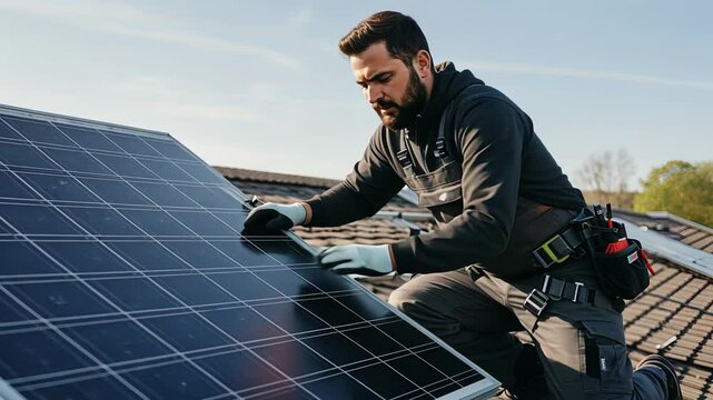 Male engineer installing solar panel on roof. Worker on property installing new sustainable energy electrical system. Clean power footage.