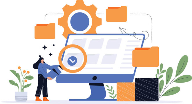 Data Management System: A stylized illustration of a woman using a magnifying glass to inspect data files on a computer screen, surrounded by digital folders and gears.