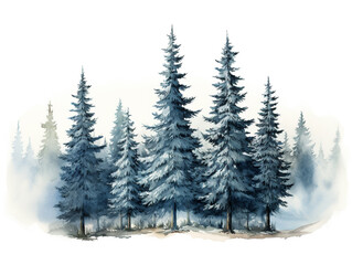 Fototapeta premium A watercolor painting depicting a serene fir tree forest with snow-dusted ground and misty, cloudy skies, evoking a peaceful winter landscape.