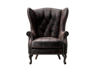 Vintage brown leather wingback armchair isolated on black background,On Transparent Background, Isolated on white