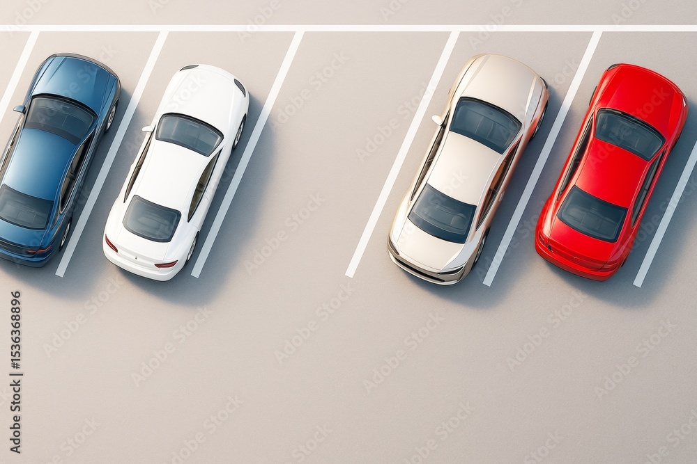 Poster top view of colorful modern cars parked neatly in a minimal urban parking lot under soft daylight on