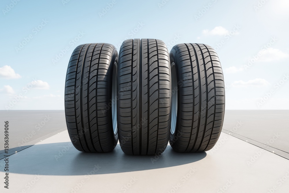 Poster three black car tires standing upright in a row on a smooth surface with clear blue sky and soft sun