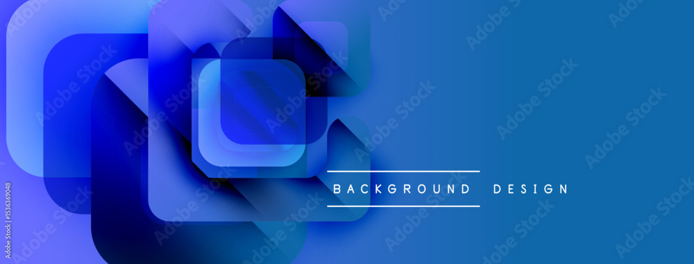 Poster Abstract blue layers create dynamic background. Modern design features overlapping rectangles, gradients, text elements. Simple, clean aesthetic.