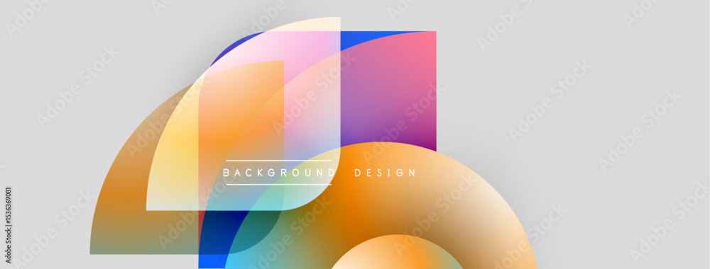 Poster Abstract shapes overlap, creating vibrant color gradients. Modern design elements suggest dynamic visual experience. Light background enhances composition.
