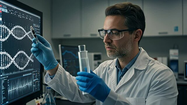 Male scientist, wearing lab coat and glasses, analyzing DNA research data on computer screen in laboratory footage.