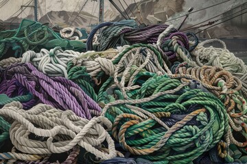 A close up of fishing nets and ropes, symbolizing the green packaging design for sustainable fish products. The colors include teal and blue-green tones with purple accents