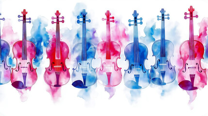 Artistic arrangement of violins in geometric colorful patterns