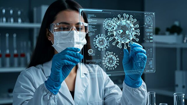 Woman scientist exploring virtual coronavirus cell. Doctor analyzing digital covid-19 virus on transparent screen display. Concept of medical research and vaccine development. Footage.
