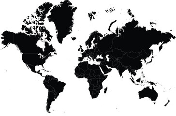black silhouette world map with russia split along international borders on white background

