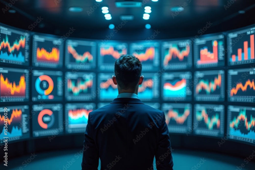 Aufkleber man surrounded by colorful financial business analytics on computer monitors