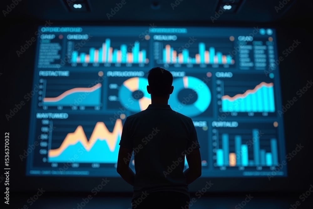 Poster financial data analyst illuminated by colorful data visualizations on giant kpi dashboard projection