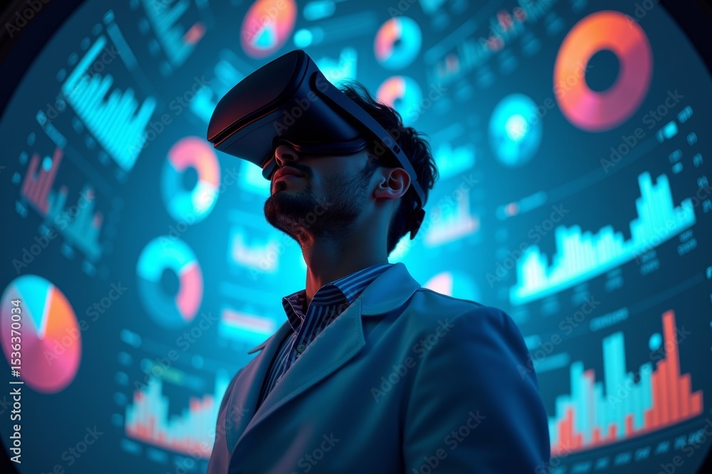 Poster immersive data scientist: virtual reality goggles and colorful graphs in 360-degree dome projection