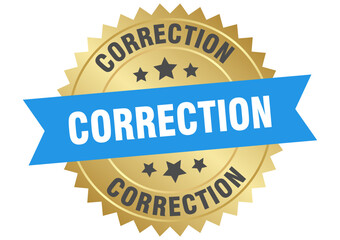 correction. correction round blue and gold label isolated on transparent background