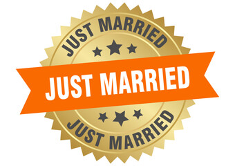 just married. just married round orange and gold label isolated on transparent background