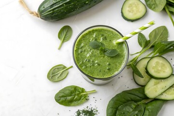 Obraz premium Glass of green juice with a cucumber and a leaf of basil