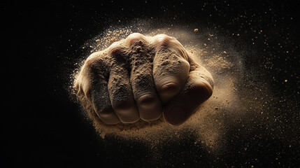 Naklejka premium A fist is clenched in the air with sand in it. Concept of power and strength